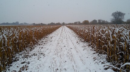 Canvas Print - Snow-covered path through a harvested cornfield.