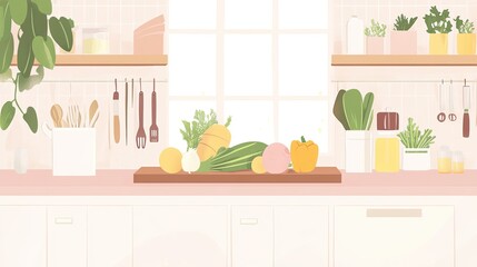 Wall Mural - Bright kitchen interior with vegetables on countertop, shelves with plants and utensils, and sunlight from window.