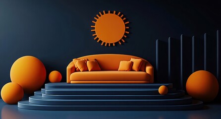 Wall Mural - Orange couch on dark blue steps with spheres and sun.