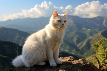 Sticker - Portrait of a funny turkish van cat in front of panoramic mountain vista