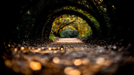 Wall Mural - Sunlit path through leafy archway in forest.