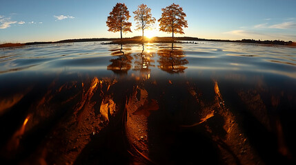 Wall Mural - Sunset over calm lake with three autumn trees reflecting in the water.