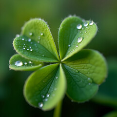Fototapete - green clover leaf with water droplets on it. The background is blurred and green, creating a bokeh effect.