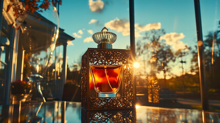 Wall Mural - Sunset perfume bottle on glass table.