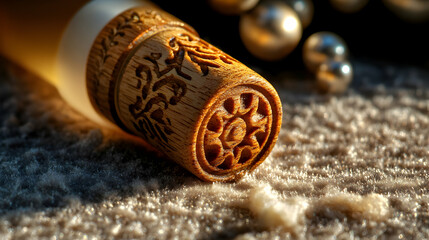 Wall Mural - Close-up of an ornate wooden cap on a perfume bottle.