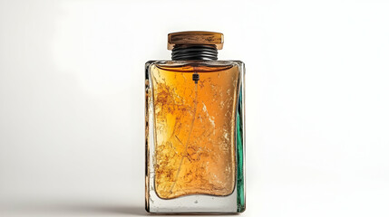 Wall Mural - Amber perfume in a rectangular glass bottle with a wooden cap, isolated on white.