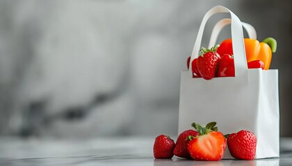 Wall Mural - A small white bag filled with fresh strawberries and bell peppers rests on a countertop, showcasing vibrant colors against a blurred background.