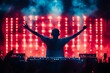 © Jenya Smyk - The DJ captivates the audience with raised arms, immersed in a dynamic light display, creating an unforgettable atmosphere at the festival. Generative AI