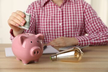 Wall Mural - Woman putting dollar banknote into piggy bank at wooden table, closeup. Energy saving concept