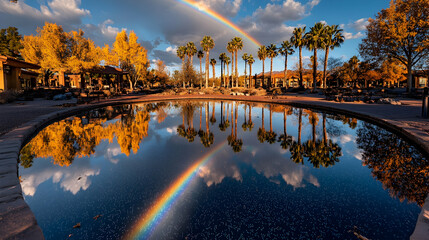 Wall Mural - Double rainbow reflected in calm pool, autumn trees.