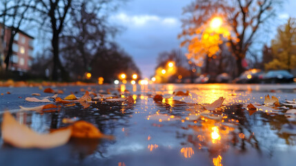 Wall Mural - Autumn leaves reflecting in a rain-slicked city street at dusk.