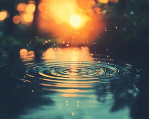 Poster - Water droplets creating ripples at sunset.