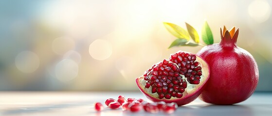 Wall Mural - A vibrant pomegranate with seeds exposed, showcasing its juicy red interior against a blurred, softly lit background.