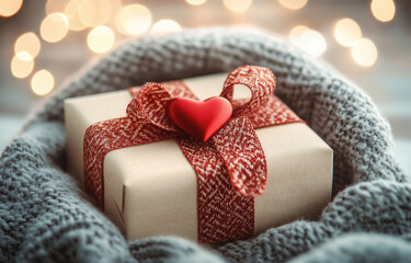 Wall Mural - Background holiday, gift in a beautiful box with a heart.