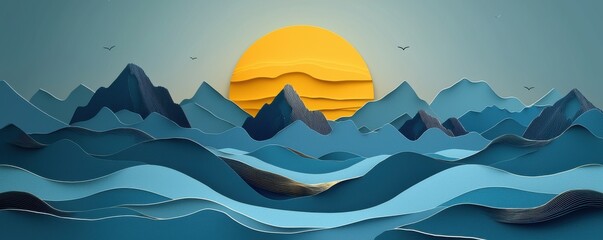 Wall Mural - Abstract mountain landscape with sun in paper cut style