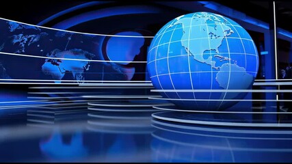 News background. TV studio stage, 3d blue planet animation. Broadcasting room design. Digital business connection. Futuristic tech media graphic