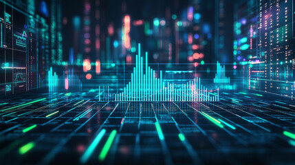 Aufkleber - A futuristic abstract design of financial graphs and data grids illuminated with bright green and blue neon accents over a sleek black background.