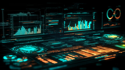 Fototapete - Modern abstract finance theme with glowing data grids, neon accents, and corporate-inspired design.
