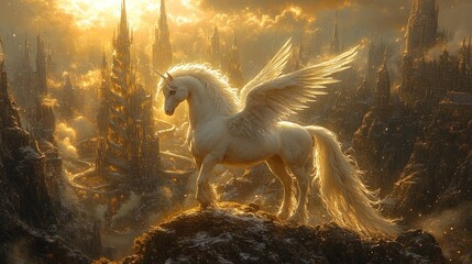 Canvas Print - Here's a 10-word description: Golden-winged unicorn surveys sunlit, sprawling fantasy