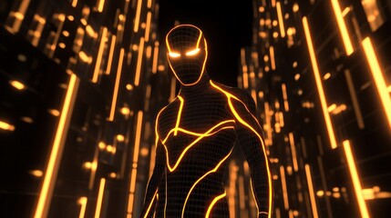 Glowing humanoid figure in futuristic cityscape.