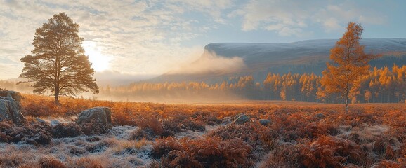 Poster - Misty sunrise over autumnal landscape with frost-covered heather and solitary trees.