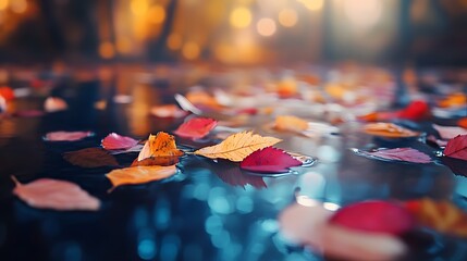 A close-up of colorful autumn leaves floating on a water