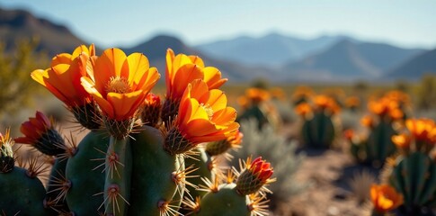 Prickly orange flowers bloom on cholla cactus, southwestern, prickly, arizona