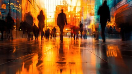 Wall Mural - City pedestrians walking on wet pavement during vibrant sunset with reflections in urban landscape