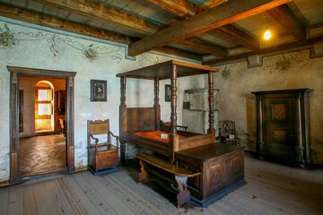 Wall Mural - Historic medieval room with ornate wooden furniture.