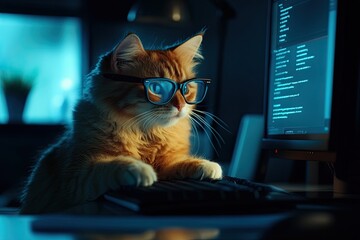 cat with glasses programs on a computer, funny technical concept. dark room.