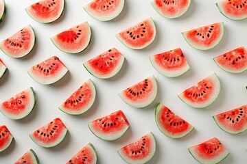 Wall Mural - Vibrant arrangement of watermelon slices on a clean white surface capturing freshness and color