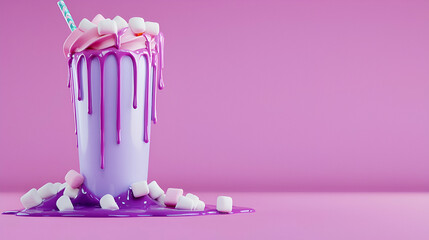 Wall Mural - A colorful milkshake with dripping toppings sits on a pink background, surrounded by spilled syrup and sugar cubes, creating a playful and vibrant scene.