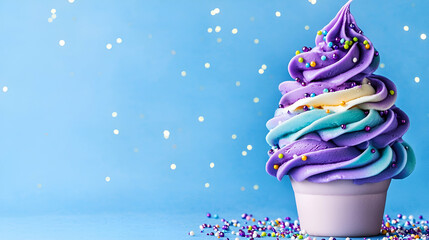 Wall Mural - A colorful swirl of purple and blue soft-serve ice cream topped with sprinkles, set against a light blue background.