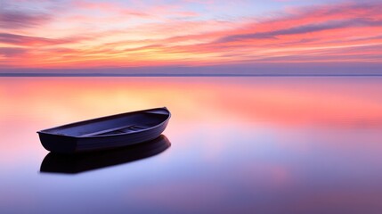 Wall Mural - A tranquil scene featuring a lone boat on calm waters at sunset, reflecting vibrant hues of orange and pink, Ideal for promoting relaxation, travel, or nature-related content,