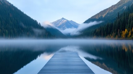 Wall Mural - A serene lake reflects mountains and trees, with a wooden dock leading into the tranquil water, Ideal for nature-themed projects, travel brochures, and relaxation or meditation content,