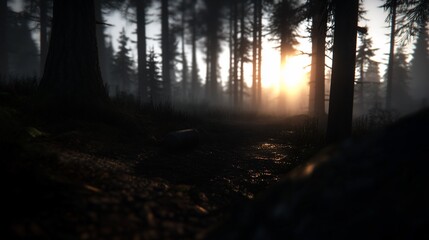 Poster - Sunlit path through a misty forest at sunset.