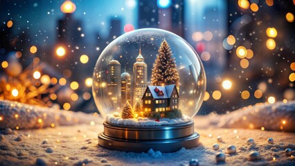 Beautiful snow globe featuring a miniature winter scene with a house and trees against a blurred festive background