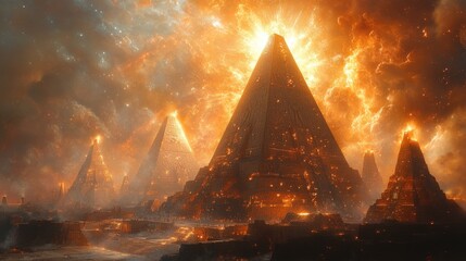 Wall Mural - Flaming pyramids illuminate fiery, starlit sky.