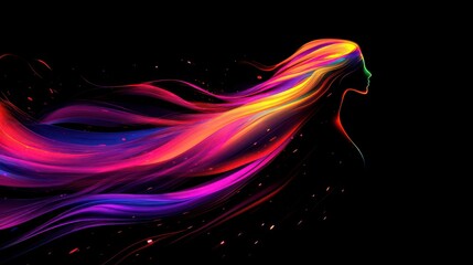 Wall Mural - abstract neon silhouette with flowing hair in vibrant colors and motion