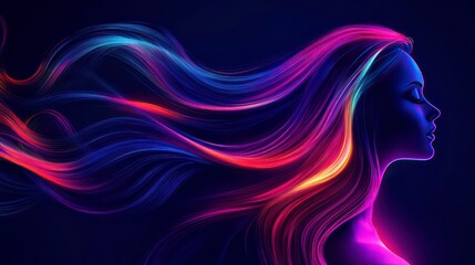Wall Mural - abstract neon silhouette with flowing hair in vibrant colors and motion