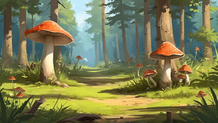 Mushrooms and stumps in the Sunlit Meadow in forest illustration