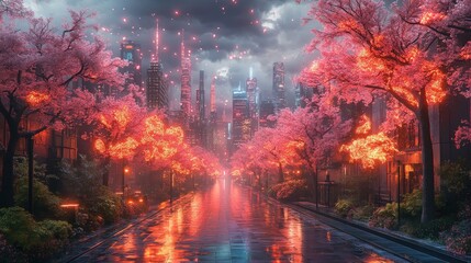 Wall Mural - Rain-slicked street, glowing cherry blossoms, futuristic city.