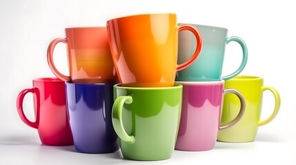 Isolated set of six colorful ceramic mugs stacked together isolated on solid white background.