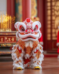 Serene Lion Dance in Vibrant Traditional Costume Against a Colorful Backdrop, Capturing the Essence of Cultural Celebration and Artistic Expression in a Stunning Setting