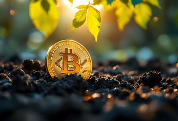 Golden bitcoin coin growing from soil under yellow autumn leaves. Cryptocurrency investment and growth concept. Digital money future in nature setting with copy space