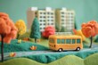 © Papukos - Orange school bus driving on country road near buildings in autumn miniature diorama