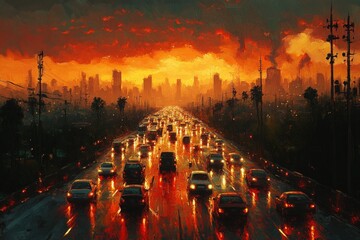 Wall Mural - City highway traffic jam, fiery sunset.