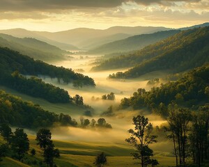 Poster - Misty sunrise valley landscape.