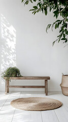 Wall Mural - Bright and airy space featuring a round jute rug and rustic bench beside a lush green plant on a white wooden floor