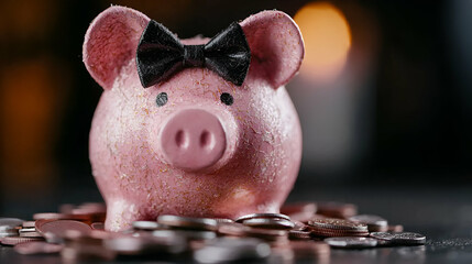 Wall Mural - A cute pink piggy bank with a black bow sits among scattered coins, symbolizing savings and financial goals in a warm, blurred background.